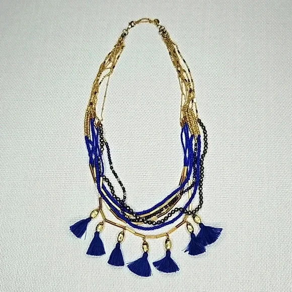 Retired Vintage Stella & Dot Tulum Tassel Necklace Gold Blue Beaded Versatile - Picture 2 of 16